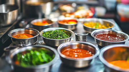 An array of colorful spices and fresh herbs arranged in metal bowls showcases the rich diversity and vibrancy of culinary preparation in a professional kitchen setting.の素材