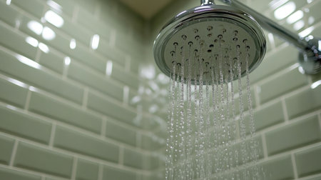 Explore a modern showerhead in action, showcasing refreshing water flow against glossy green subway tiles, creating a serene and stylish bathroom atmosphere.の素材