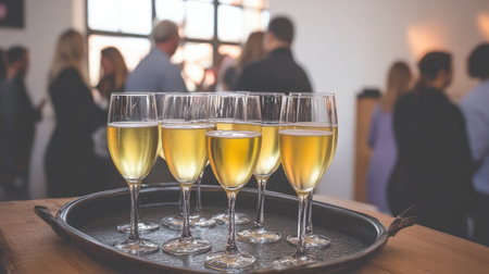 A beautifully arranged tray of sparkling drinks awaits guests in a chic event space, where people are engaged in lively conversations, creating a welcoming and festive atmosphere.の素材