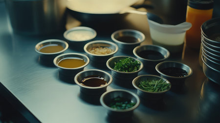 A collection of assorted ingredients and sauces arranged in small metal bowls on a stainless steel countertop, creating an inviting and organized atmosphere for culinary preparation.の素材