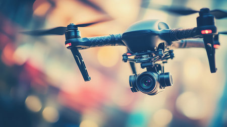 A sleek quadcopter drone hovers mid-air, equipped with a camera, surrounded by a beautifully blurred bokeh background, highlighting cutting-edge aerial technology and modern design.の素材