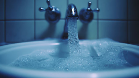 A captivating close-up image of water cascading from a faucet into a sink, showcasing bubbles and a tranquil atmosphere enhanced by soft blue lighting.の素材