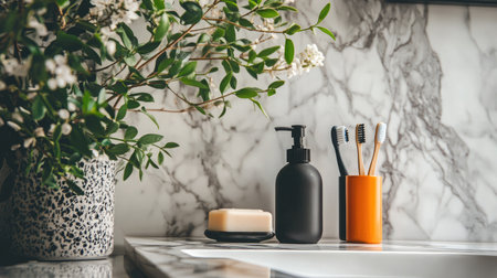 A stylish bathroom setup featuring a black soap dispenser, orange toothbrush holder, and vibrant greenery on a marble countertop. Ideal for modern decor inspiration.の素材