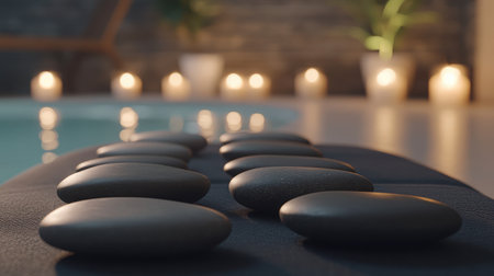 Explore a serene spa scene featuring smooth stones arranged elegantly, soft candlelight creating a tranquil ambiance perfect for relaxation and wellness activities.の素材