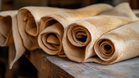 This image features rolled natural linen fabric resting on a wooden surface, highlighting its rich texture and warm colors, perfect for showcasing artisan craft and design.の素材