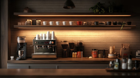 Beautify your space with this modern coffee shop setup featuring an espresso machine, various cups, and jars, creating an inviting atmosphere for coffee enthusiasts.の素材