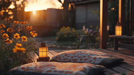 Enjoy a serene garden setting at sunset, featuring cozy pillows and warm lanterns amidst vibrant flowers, creating a perfect relaxed atmosphere for evenings outdoors.の素材