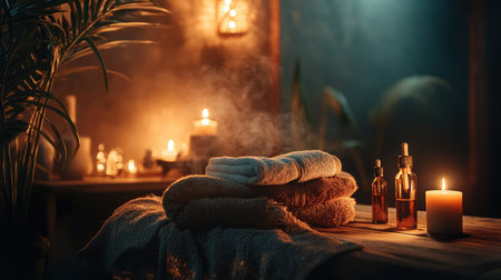 This serene spa scene features soft towels, aromatic oils, candles glowing in a cozy environment, ideal for promoting relaxation and enhancing self-care rituals.の素材