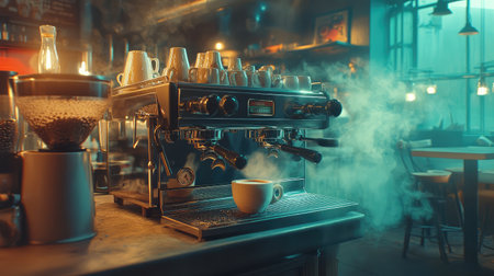 A beautifully crafted espresso machine sits in a vibrant cafe, emitting steam and surrounded by coffee cups, representing the inviting culture of coffee and morning rituals.の素材