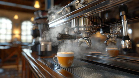 A close-up view of a steaming cup of freshly brewed coffee from a modern espresso machine set against a rustic wooden background, creating a warm and inviting cafe atmosphere.の素材