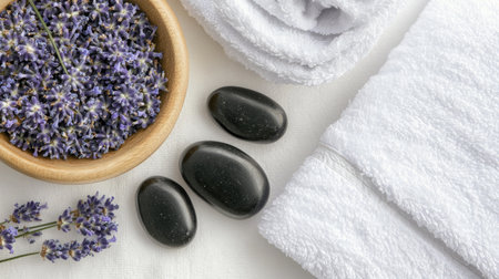 Discover a serene spa setup featuring lavender flowers, smooth stones, and fluffy towels, perfect for creating a calming ambiance for relaxation and self-care.の素材