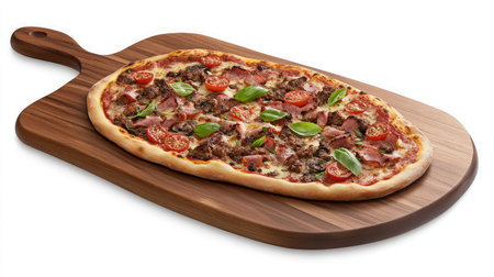 A mouthwatering pizza featuring rich toppings of meat, cheese, and fresh herbs, beautifully presented on a wooden cutting board, ideal for food lovers and culinary enthusiasts.の素材