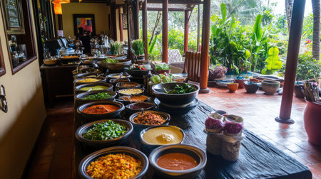 A stunning array of fresh ingredients and sauces beautifully arranged in bowls, set against a backdrop of lush greenery and a welcoming indoor environment.の素材