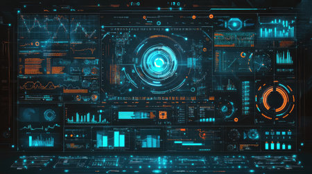 A futuristic data visualization dashboard featuring a neon interface that showcases graphs and metrics for real-time analytics in technology and business environments.の素材