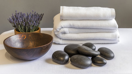 Discover a serene spa setup featuring smooth stones, plush towels, and fragrant lavender in a wooden bowl, creating a calm and therapeutic atmosphere for relaxation and wellness.の素材