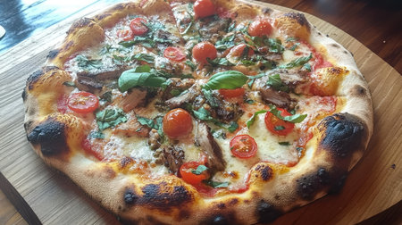 A mouthwatering gourmet pizza features fresh basil, cherry tomatoes, and savory meat on a crispy crust, ideal for culinary enjoyment and food photography.の素材