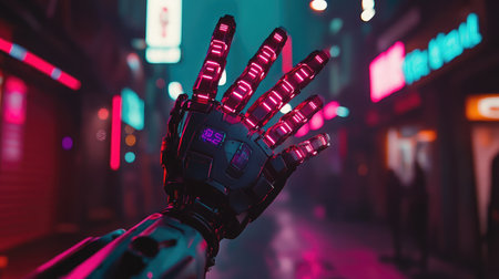 A close-up view of a robotic hand illuminated by vibrant neon lights in a dark alleyway, showcasing advanced technology and the essence of a cyberpunk urban landscape.の素材