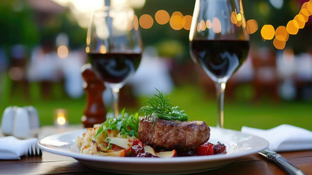 Delight in a beautifully presented steak dinner accompanied by red wine, perfect for outdoor dining amidst festive lights, capturing a luxurious culinary experience.の素材