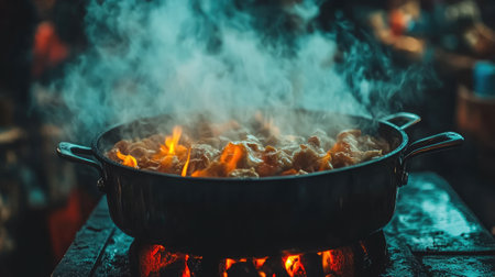 This captivating image showcases a large pan filled with simmering food over an open flame, enveloped in thick steam and vibrant flames, creating a dynamic culinary atmosphere.の素材
