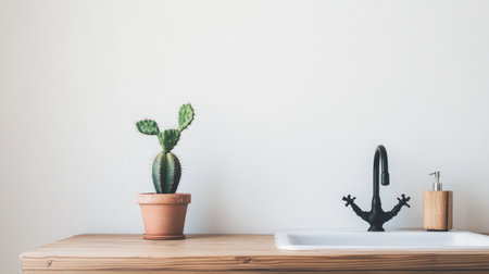 A serene and minimalistic kitchen featuring a cactus plant in a pot on a wooden counter, complemented by a sleek black faucet and white sink for a fresh and inviting atmosphere.の素材