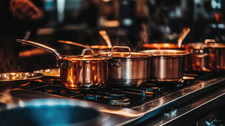 Discover the beauty of cooking with gleaming copper pots and pans on a professional kitchen stove, featuring steam that adds to the dynamic culinary atmosphere.の素材