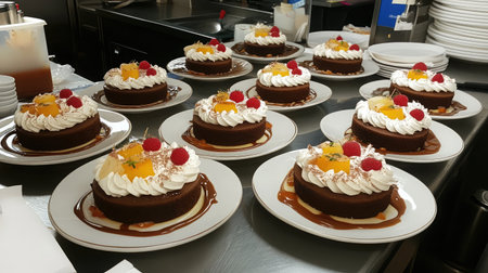 A tempting display of chocolate cakes topped with whipped cream, fresh raspberries, and bright orange slices, showcasing stunning culinary artistry in a professional kitchen setting.の素材