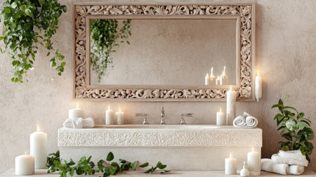 Experience tranquility in this beautifully designed bathroom featuring an ornate mirror, soft candlelight, and lush greenery, perfect for creating a serene atmosphere.の素材