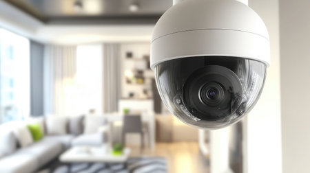 A contemporary security camera hangs in a bright living room, providing advanced surveillance features for both homes and offices in stylish environments.の素材