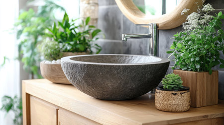 A beautifully designed bathroom scene showcasing a stone sink, wooden cabinet, and lush green plants, promoting a serene and modern atmosphere perfect for relaxation.の素材