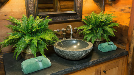 A serene rustic bathroom scene featuring a natural stone sink, lush ferns, and soft towels, creating a relaxing ambiance in a stylish wooden interior. Ideal for spa and home decor themes.の素材