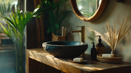 A beautifully designed bathroom scene featuring a stone sink, elegant decor, and natural elements, providing a tranquil atmosphere ideal for relaxation and home improvement inspiration.の素材
