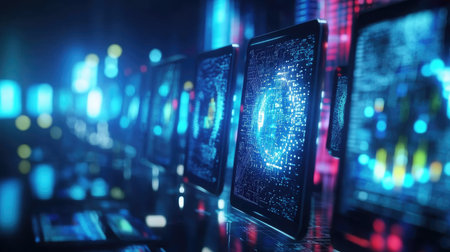 A captivating scene showcasing multiple tablets illuminated with vibrant blue lights and intricate digital patterns, representing advanced data visualization in a modern technological environment.の素材