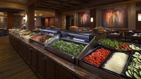 A beautifully arranged salad bar in a modern restaurant, showcasing a variety of fresh vegetables, inviting guests to create their own healthy salad options.の素材