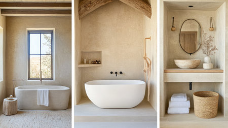 Experience tranquility in this minimalist bathroom with a modern bathtub, elegant vanity, and natural textures, perfect for creating a serene and relaxing home environment.の素材