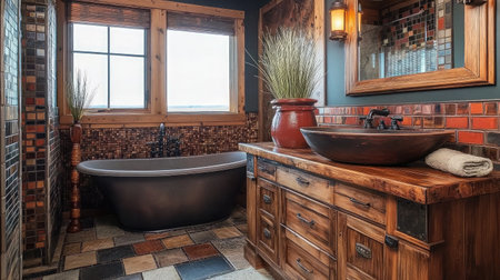 Discover an elegant rustic bathroom design that combines natural wood elements, contemporary fixtures, and a stylish bathtub, creating a warm and inviting atmosphere.の素材