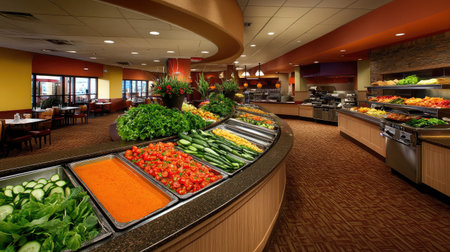 A bright and inviting salad bar within a modern restaurant, showcasing a variety of fresh vegetables and healthy options for diners to create their perfect meal.の素材