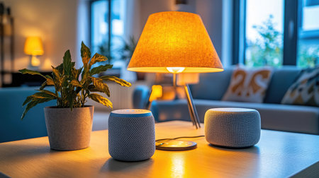 A beautifully arranged living room scene showcasing smart speakers, a stylish lamp, and a lovely indoor plant, creating a warm and inviting atmosphere for modern living.の素材
