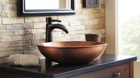 This elegant copper sink is a stunning addition to a modern bathroom, featuring a natural stone wall and stylish faucet, perfect for contemporary interior design inspiration.の素材