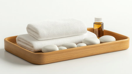 A serene spa arrangement featuring soft towels, natural stones, and a bottle of aromatic oil, perfect for creating a calming atmosphere in wellness and relaxation spaces.の素材