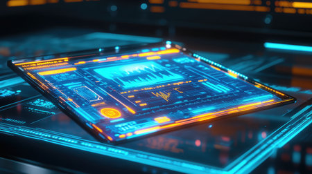 A vibrant digital interface displaying detailed analytics and data visualizations on a sleek tablet, set against a high-tech backdrop with glowing elements.の素材