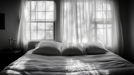 A serene bedroom scene featuring a neatly made bed with soft pillows, illuminated by gentle sunlight streaming through sheer curtains, evoking tranquility and comfort.の素材