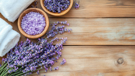 A serene spa setup featuring lavender flowers, bath salt in wooden bowls, and soft towels on a rustic wooden surface, ideal for relaxation and self-care.の素材