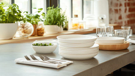 A serene kitchen scene featuring white plates stacked neatly, fresh greens in a bowl, and minimalist decor, ideal for showcasing modern culinary creativity in a warm environment.の素材
