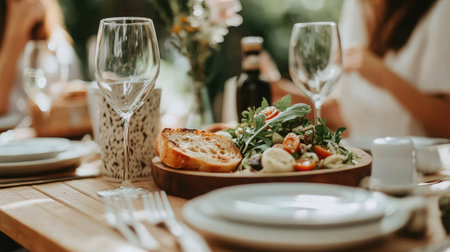 A vibrant summer salad with tomatoes and greens served with crispy bread on a rustic wooden table, perfect for outdoor gatherings and dining experiences among friends.の素材
