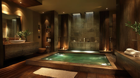 This luxurious bathroom features a soothing waterfall shower, wooden accents, and ambient lighting, creating a tranquil atmosphere perfect for relaxation and rejuvenation.の素材