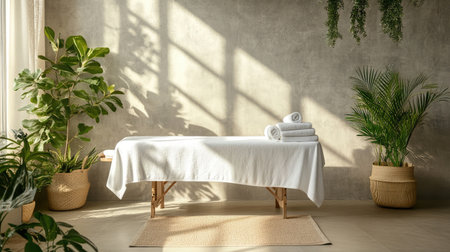Experience pure relaxation in a beautifully designed spa room featuring a massage table, soft towels, and vibrant plants, creating a peaceful and inviting atmosphere for wellness.の素材