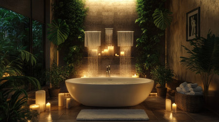 A serene spa bathroom featuring an elegant bathtub, surrounded by soft candlelight and lush greenery, creates a perfect atmosphere for relaxation and rejuvenation.の素材