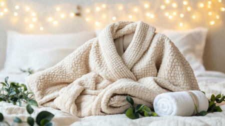 A serene setting featuring a cozy cream bathrobe and a soft white towel on a beautifully arranged bed. The soft lights and greenery add a touch of relaxation and elegance.の素材