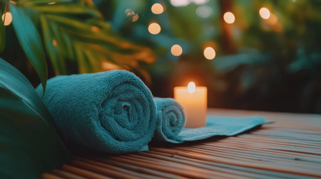 A calming spa scene featuring fresh rolled towels and a flickering candle surrounded by lush greenery, perfect for creating a peaceful ambiance for relaxation and rejuvenation.の素材