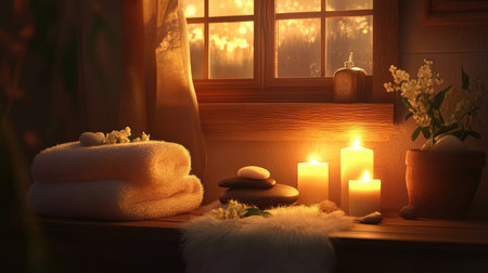 A tranquil spa scene featuring soft towels, smooth stones, and flickering candles by a window at sunset, perfect for enhancing relaxation and creating a peaceful ambiance.の素材